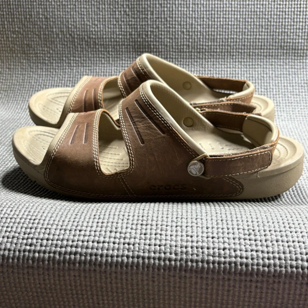 Crocs Sandals Mens 13 Brown Yukon Sport Leather Upper Adjustable Strap Comfort